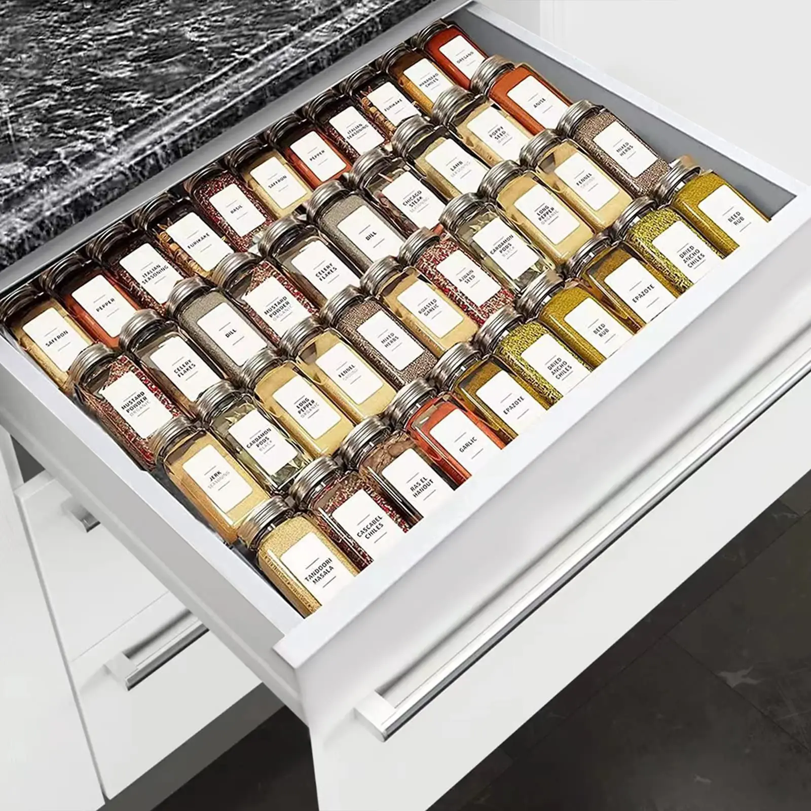 SZWQILIN Spice Drawer Organizer,Spice Rack Drawer for Kitchen, 4 Tier Acrylic Drawer Spice Organizer for Jars and Packets,Expandable From 11" to 22" 8 Pack (Clear)