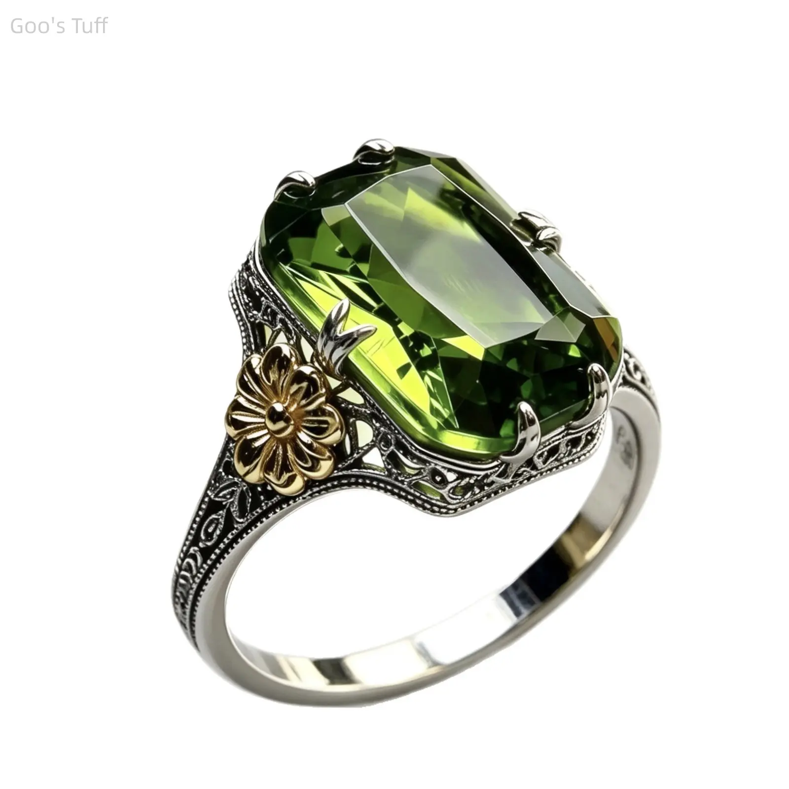 Finger Band Fashion Jewelry Trendy Women Gemstone Flower Ring European Two Tone Sunflower Emerald Topaz Statement Band New Floral Design Ring For Ladies Vivid Sunflower Shape Elegant Vacation Bridal Daily Night Outfit