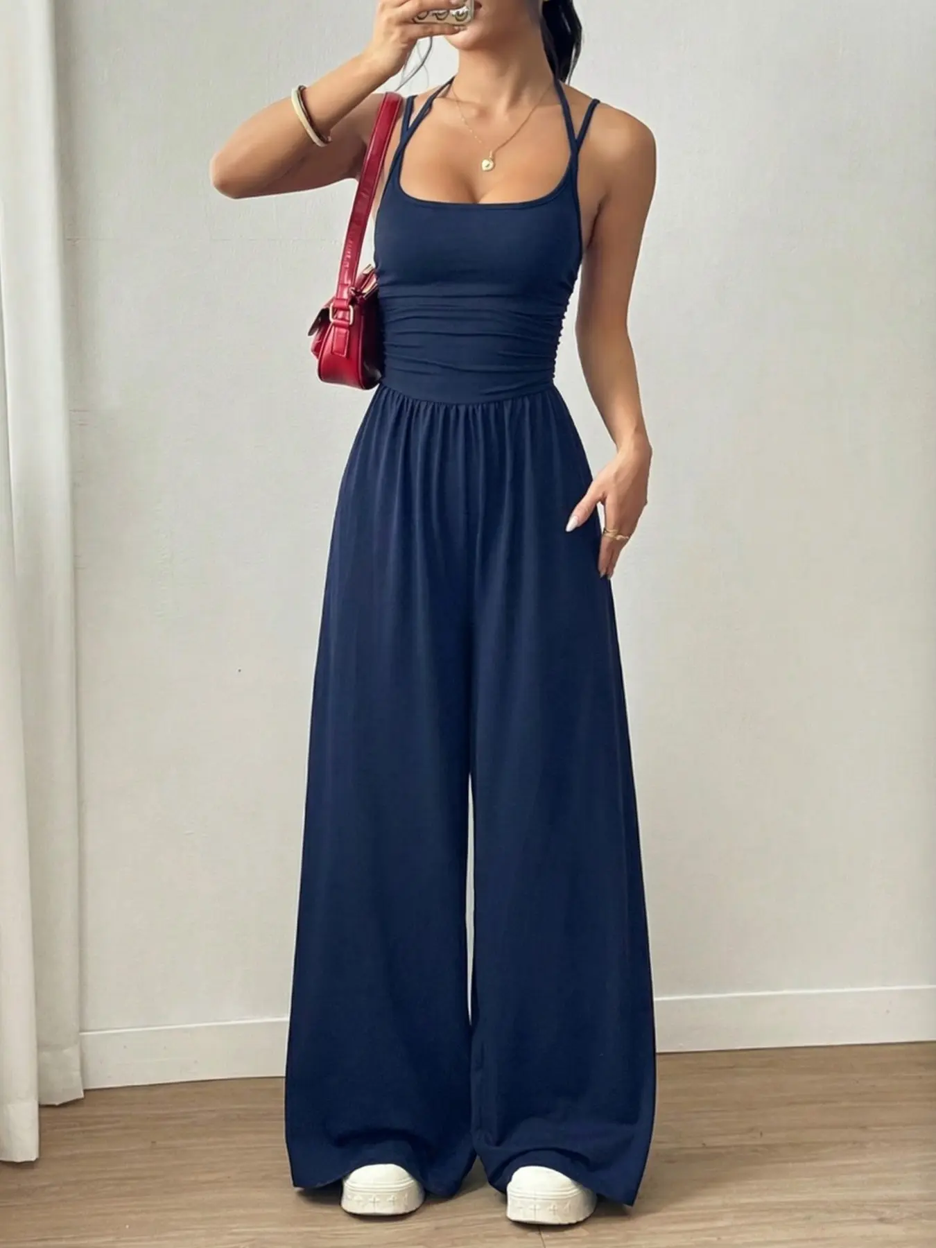 Women's Casual Ruched Loose Straight Leg Jumpsuit, Basic Versatile Wide Leg Jumpsuit for All Seasons, Stylish One-Piece Garment, Casual Jumpsuits
