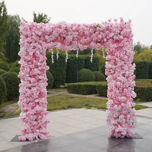 Artificial Pink Rose 7.87FT x 8.53FT Cloth Base Flower Row Arrangement Decor for Wedding Backdrop, Square Frame Event Props