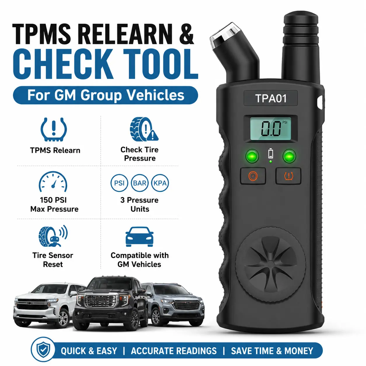 [For GM Vehicles] TPMS Relearn & Check Tool for GM Group Vehicles, 150 PSI/Bar/KPA Digital Tire Pressure Gauge, Car Repair Tool for Buick, Chevy, GMC Tire Sensor Reset tiktokshopspringglowup#Summervibes