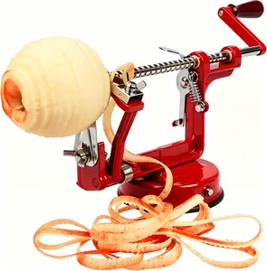 Red multi-functional apple peeler, corer, and slicer; durable cast alloy manual crank spiral slicer with safety suction cup base; efficient fruit peeler and cutter for quick kitchen food preparation and everyday home cooking.