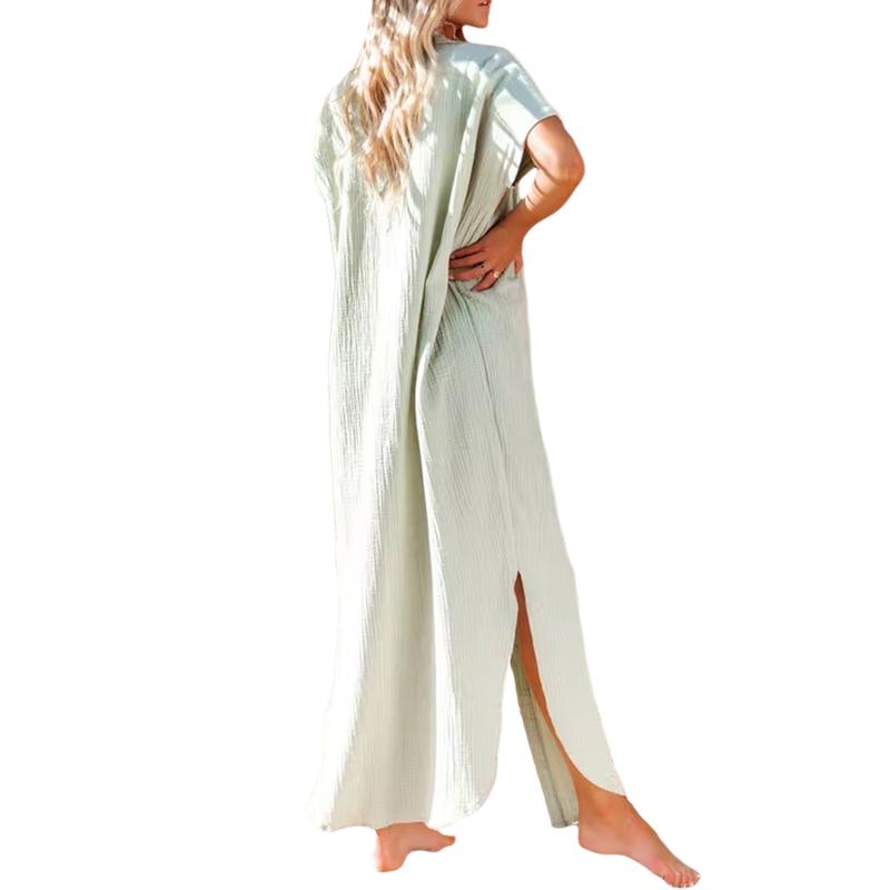 Women Maxi Shirt Dress Short Sleeve Button Down Long Kimonos Cardigans Side Slit Loose Cover Up Beach Sundress