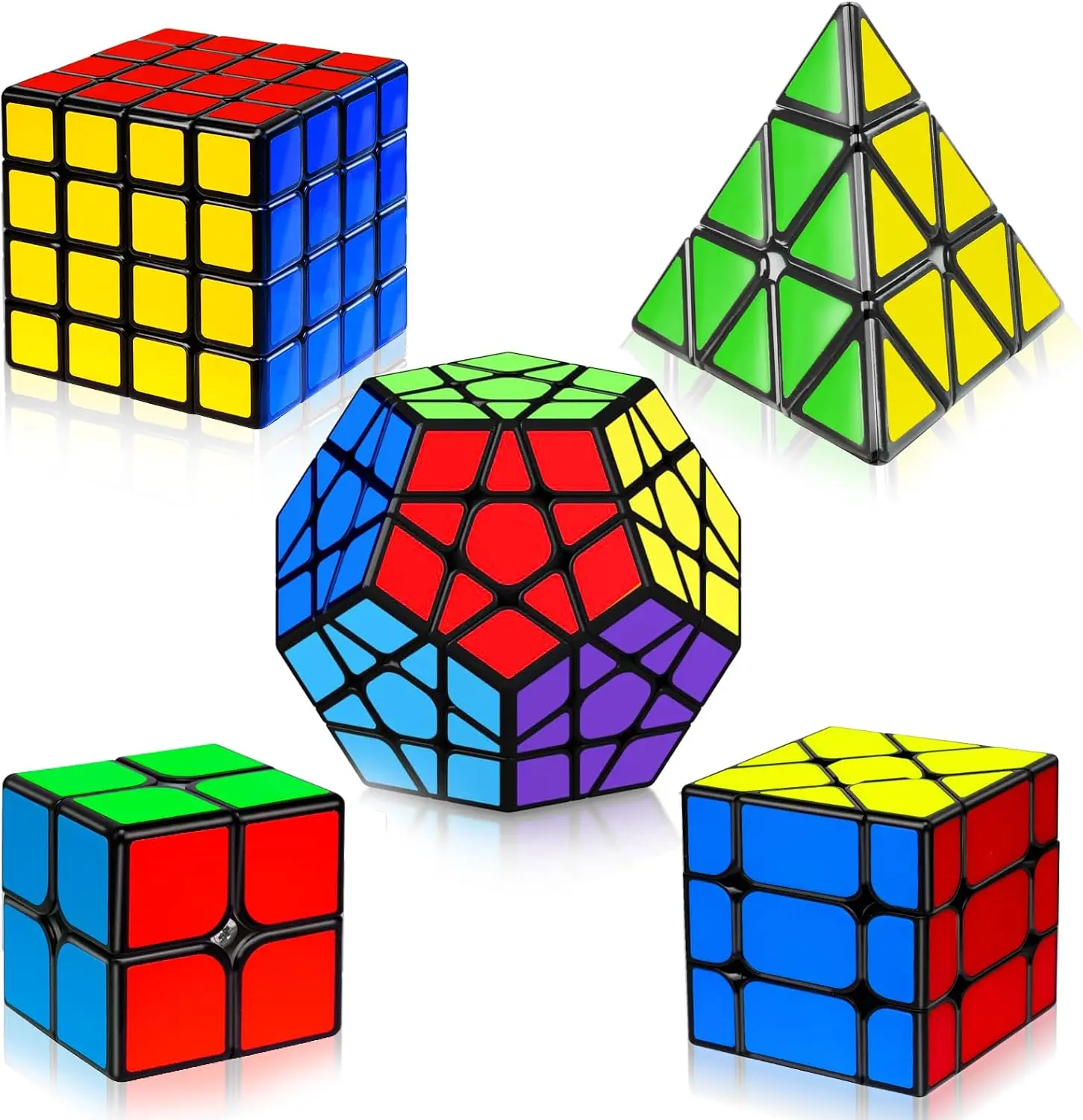 AuntyFey 5-Piece Speed Cube Puzzle Set, 2x2, 3x3, 4x4, Pyramid and Megaminx, Smooth-Turning Brain Teasers with Instruction Manual for Beginners, Kids and Adults