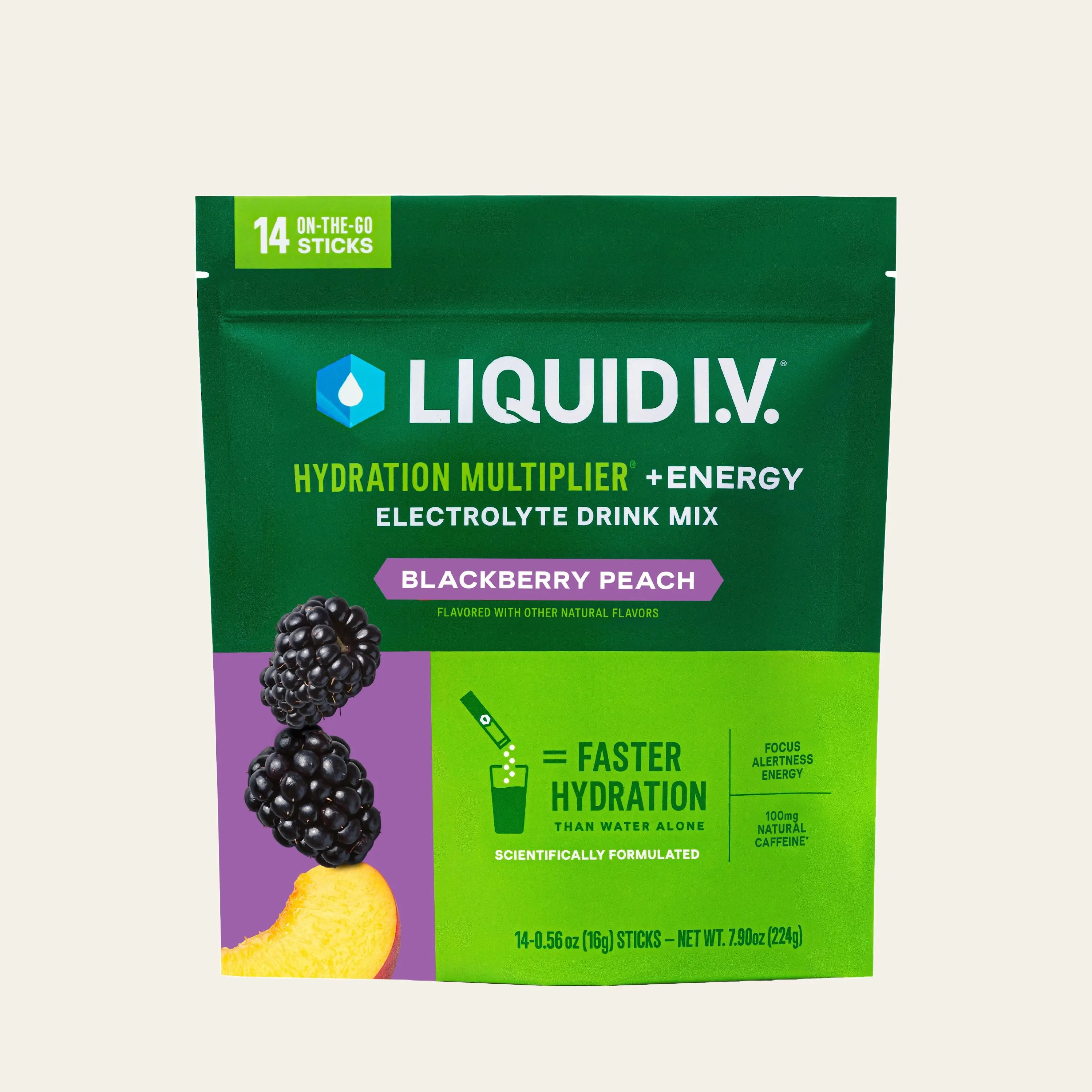 Liquid I.V. Hydration Multiplier +Energy - Blackberry Peach - Hydration Powder Packets | Electrolyte Powder Drink Mix | Convenient Single-Serving Sticks | Includes Approx. 100mg of Natural Caffeine | 1 Pack (14 Servings)