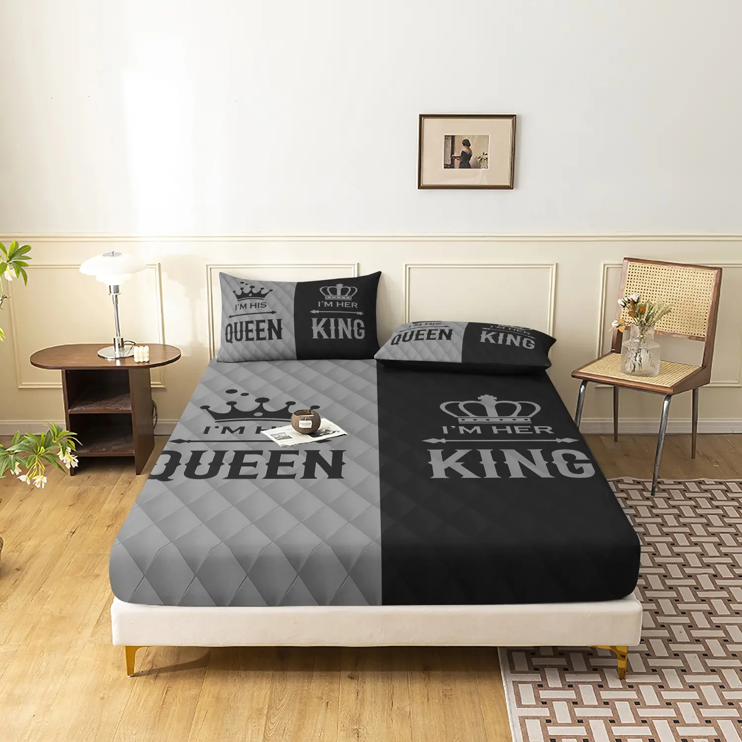 3Pcs King Queen Crown Couple Print Fitted Sheet Set, Soft Microfiber Deep Pocket Sheets Non-Slip Bed Sheet with Pillowcases, Romantic Bedding Set for Couple Bedroom Decor, Multiple Colors Available