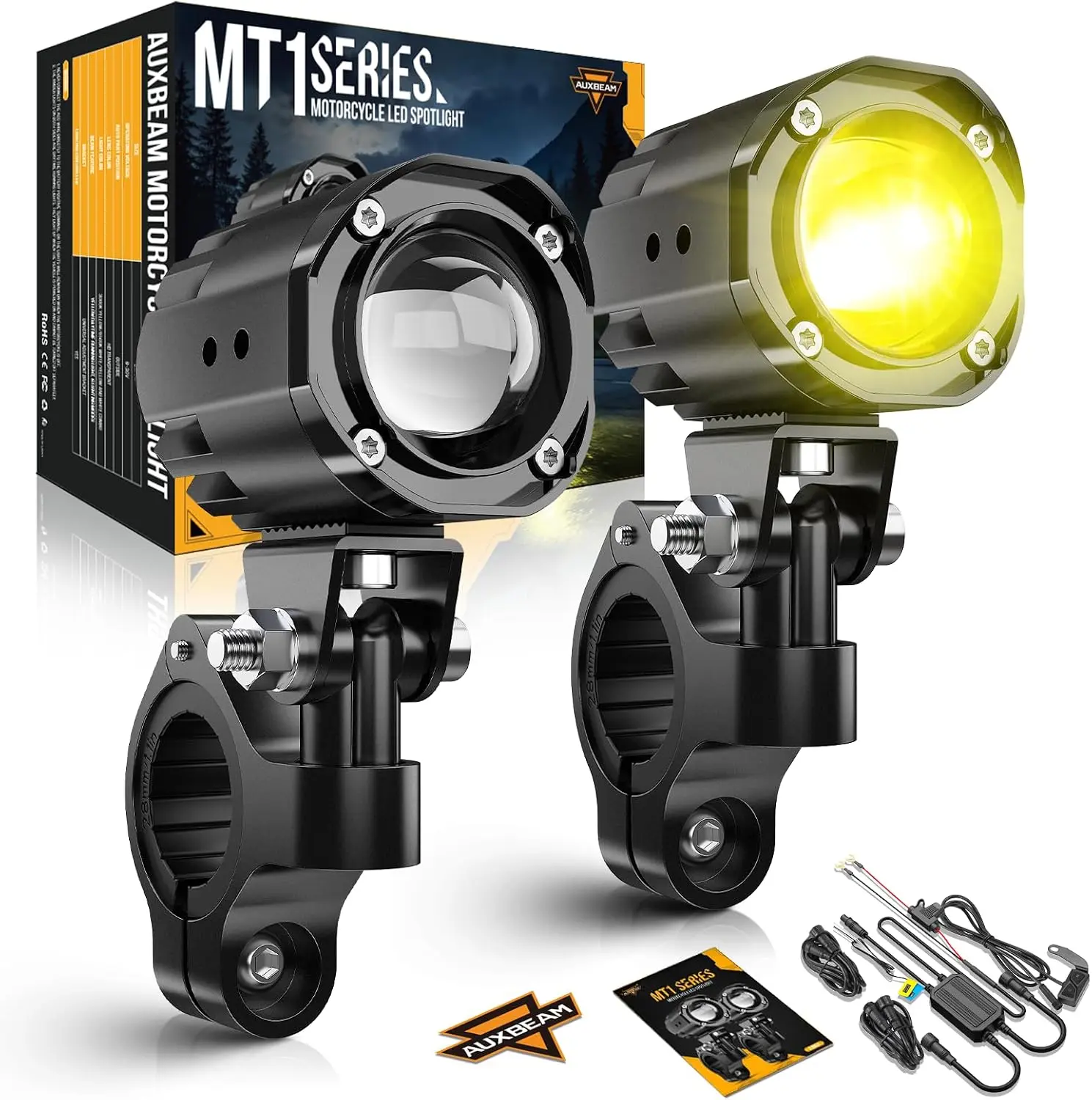 Auxbeam MT1 Series Motorcycle Auxiliary Lights Fog Lights Driving Lights | 2 Inch, 6+1 Light Modes, Start-up DRL, White & Amber Dual-Color Beam, IP67 Waterproof, for Motorcycle ATV UTV Pickup Truck