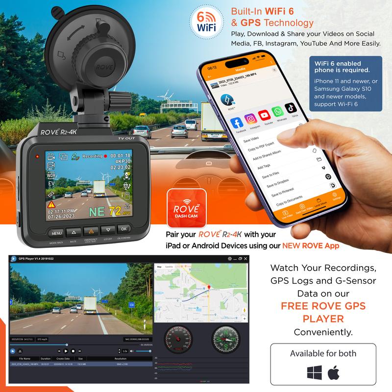 ROVE R2-4K Dash Cam with 4K Ultra HD, Super Night Vision Technology and Built-in WiFi 6, GPS