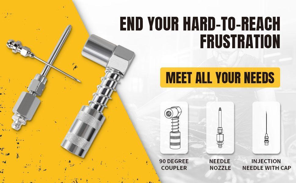 1 set Grease Gun Accessory Kit, 90 Degree Coupler,  Grease Injection Needle with Cap,Needle Nozzle, for Hard to Reach Grease Zerk Fittings