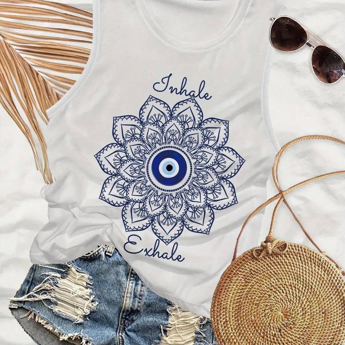Women’s Stylish Sleeveless Crew Neck Inhale Exhale Graphic Tank Top – Soft Breathable Fabric, Casual Relaxed Fit, Vibrant Ink Print, Ideal for Beach, Gym, Unisex Fashion Everyday Wear, Loose-Fit, Lightweight