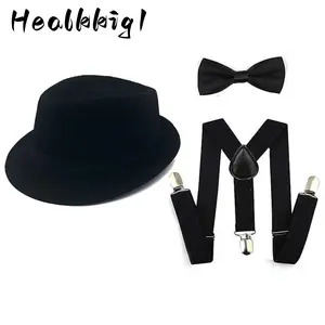 1920s Mens Accessories, Gangster Hat Costume Accessory, Y-Back Suspenders & Pre Tied Bow Tie, Manhattan Hat,