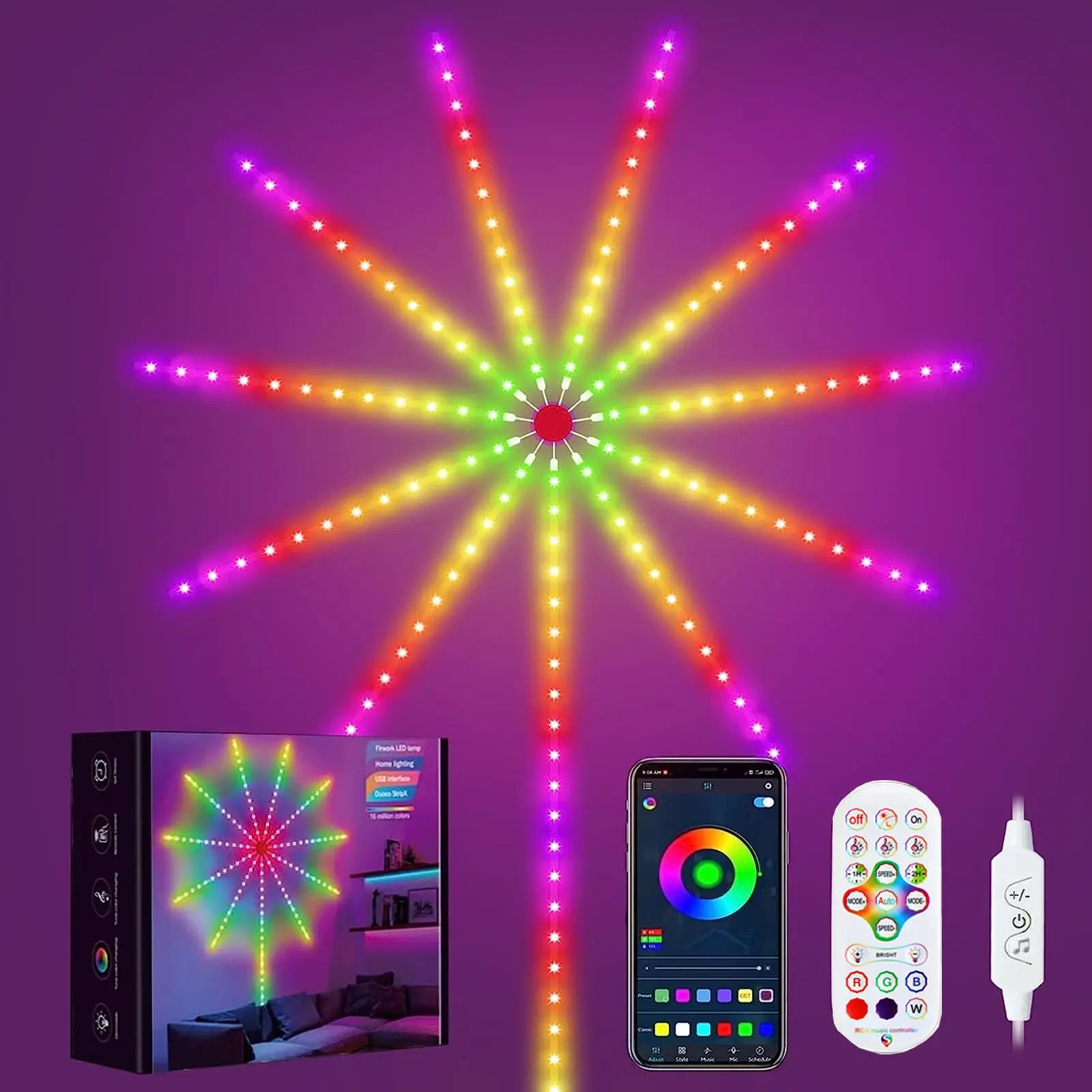 Firework Pattern LED Light, 1 Set RGB Color Changing LED Light with 21-keys Remote Control & App Control, Music Rhythm Light for Home Party Decor