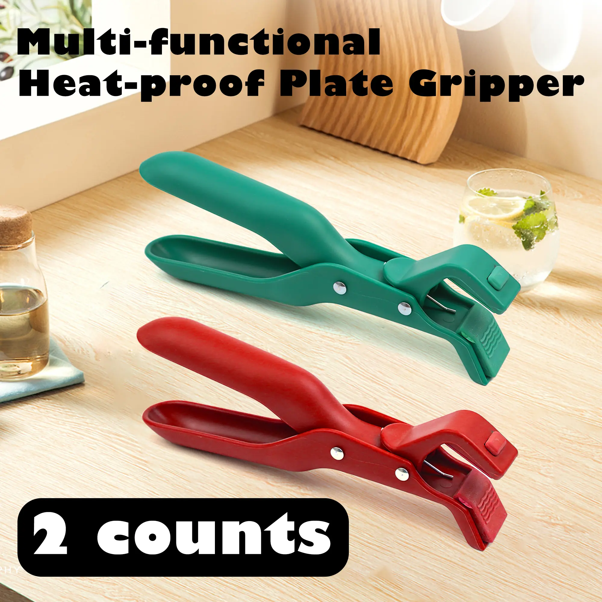 2 Counts Hot Plate Gripper, Red & Green Bowl Clips for Kitchen, No Slip Grip for Hot Dishes