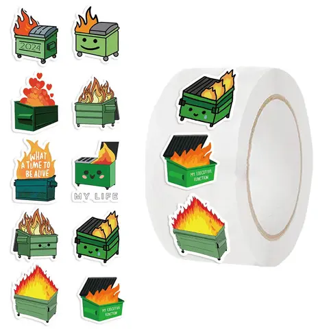 Dumpster Fire Pattern Sticker, 500pcs/roll Self Adhesive DIY Decorative Stickers, Decals for Water Bottle, Laptop, Luggage, Skateboard, Scrapbooking, Ornaments