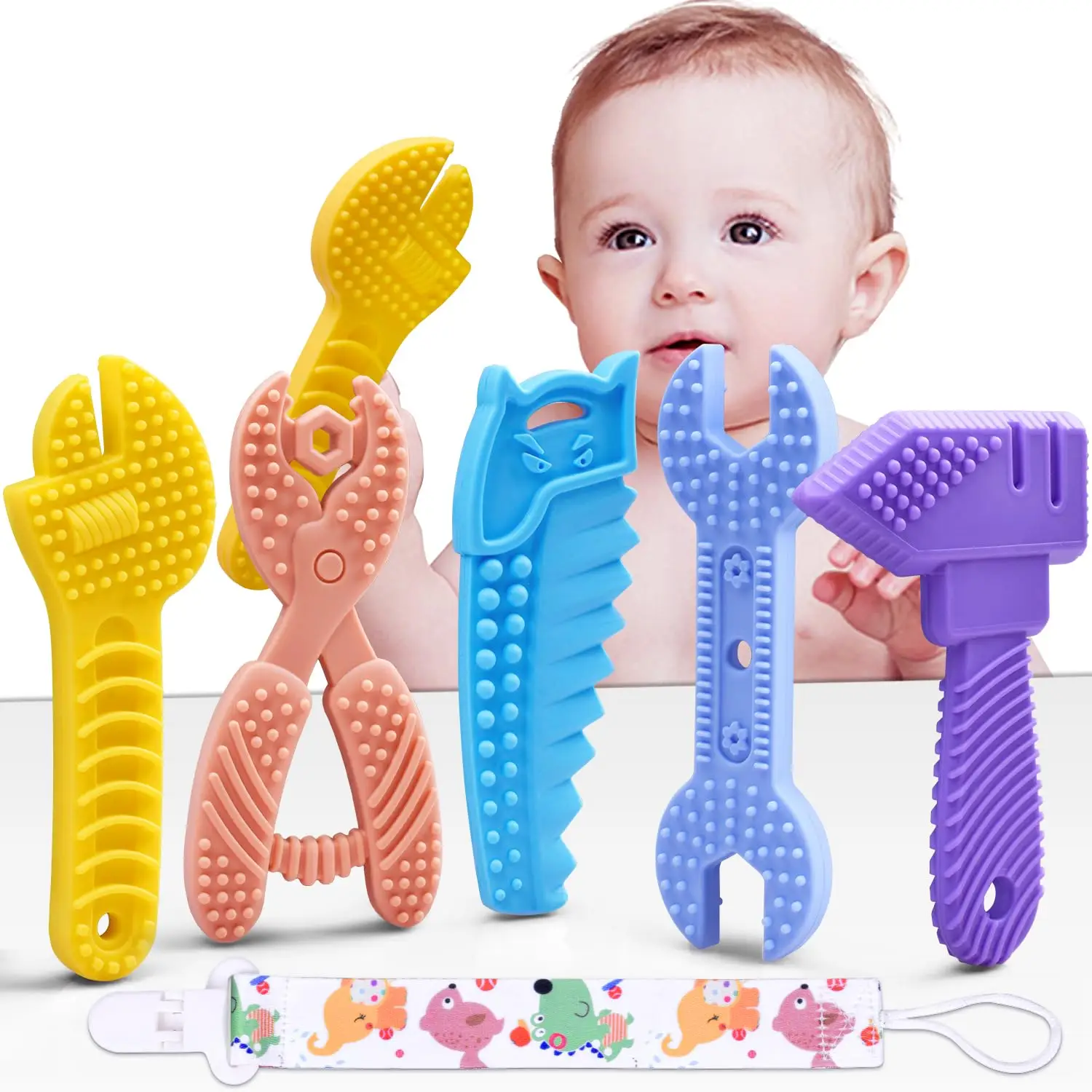 5-Pack Baby Teething Toys – BPA-Free Silicone Teethers for 0-6 & 6-12 Months – Molar Chew Toys with Soft Textures in Hammer, Wrench, Scissors Shapes
