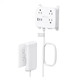 Flat Power Strip with Outlet Cover, 3 AC Widely Spaced Wall USB Plug Extender, 5FT Extendable Outlet Extension Cord, Wall Mount Behind TV, Hidden Under in-Drawer Desk Cabinet Vanity Counter