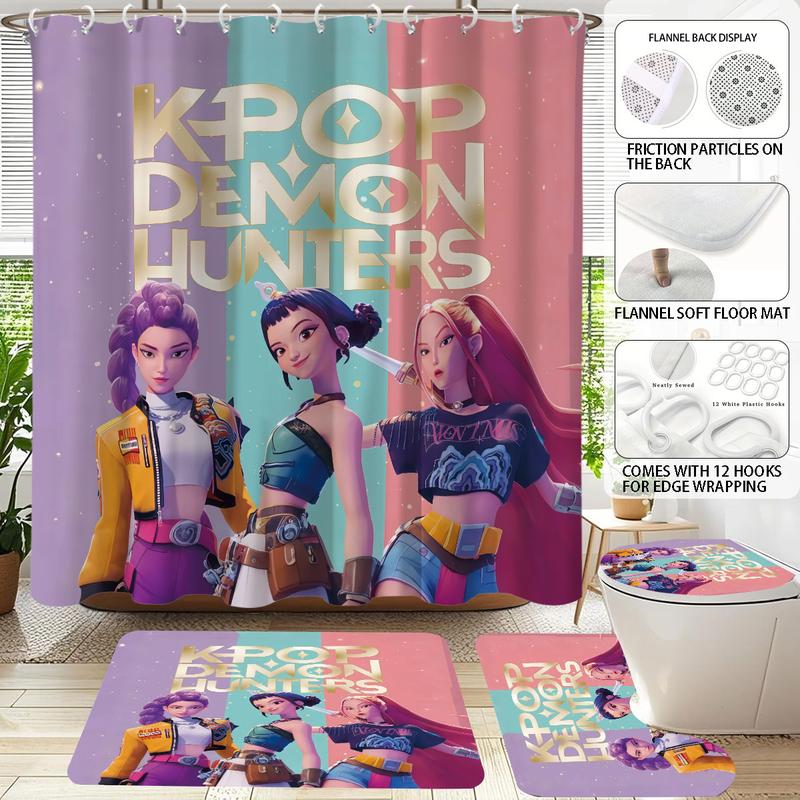 K-POP Demon Hunters Bathroom Set, Shower Curtain with Hooks, Non-Slip Bath Rug, U-Shaped Toilet Mat, Toilet Lid Cover, Bathroom Decoration Accessories, Bathroom Shower Equipment