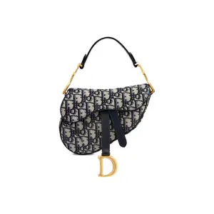 Pre-owned Dior canvas Shoulder Bags Christian Second hand Saddle Oblique mini denim blue embroidered monogram full print shoulder bag, handbag