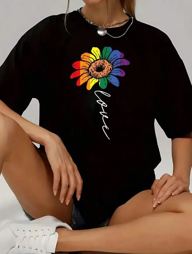 Women's Round Neck Vibrant Rainbow Sunflower Print Short Sleeve Black Casual T-Shirt with "Love" Text for Everyday Wear, Tshirt
