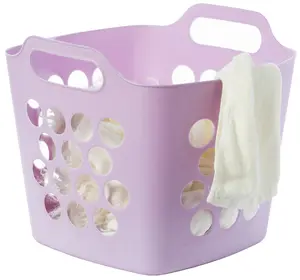 212 MAIN Large Flexible Plastic Square Laundry Basket - Single Compartment, Ventilated, Waterproof Laundry Organizer, Purple, Side Handle Carry, QI003857.PUR