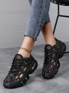 Women's Future-Style Hollow-Out Sports Shoes, Cool Hole Design Air Cushion Sneakers, Breathable Thick Sole Casual Dad Shoes