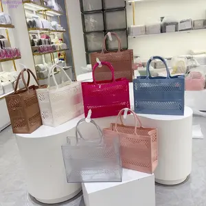 2026 New Summer Trendy  Jelly Tote Bag, Large Capacity Hollow Mesh Beach Bag, Lightweight Portable Waterproof Shoulder Bag, Stylish Open Weave Shopping & Travel Storage Handbag for Women