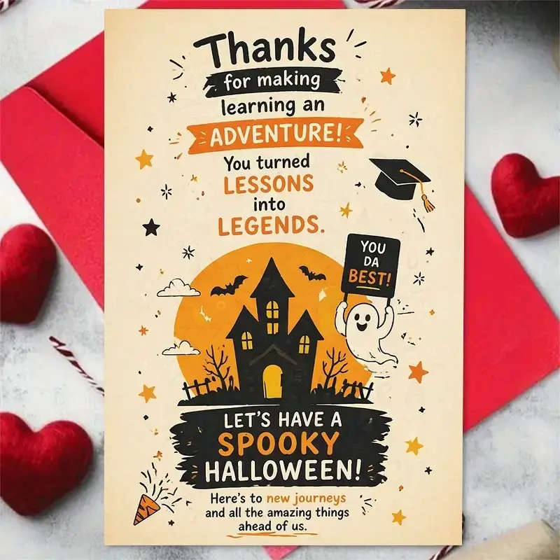 Whimsical Horror-Themed Haunted House Slogan Greeting Card with Envelope, Blank Inside, Ideal for Teachers, Office Stationery Card Stock (Thank You Slogan, Playful Style), Printed Text