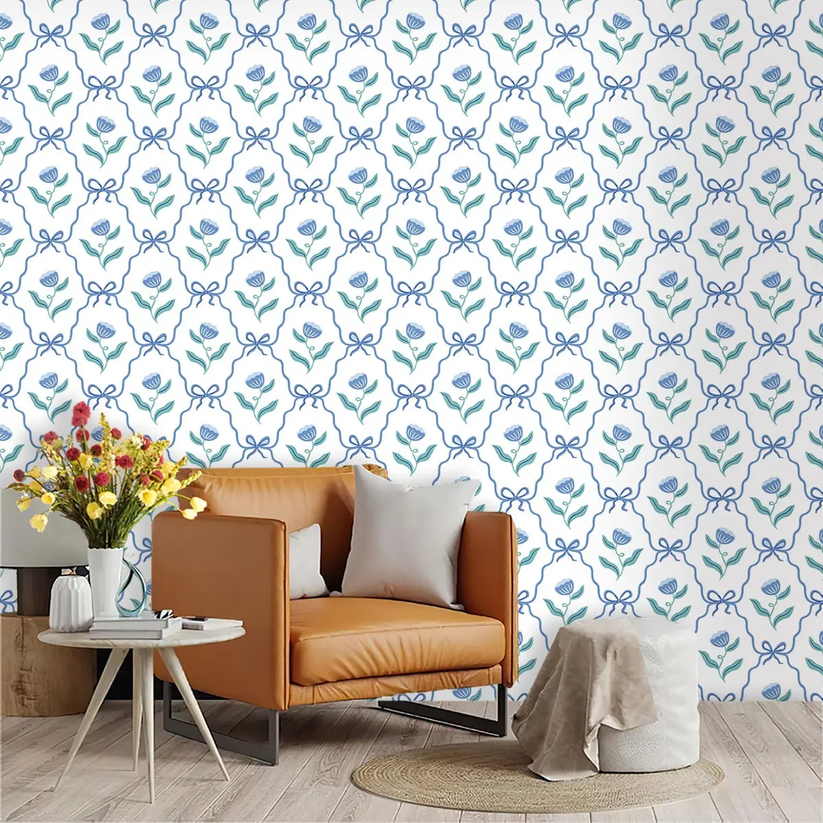 French Style Blue Floral Wallpaper, PVC Adhesive Backing, Easy Peel & Stick, Ideal for Kitchen, Living Room, Bedroom Decor