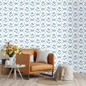 French Style Blue Floral Wallpaper, PVC Adhesive Backing, Easy Peel & Stick, Ideal for Kitchen, Living Room, Bedroom Decor