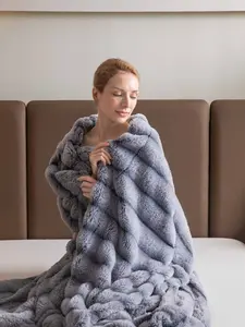 Lanrest Blue Gray Back Print Faux Rabbit Fur Plush Bubble Blanket Ultra Soft Fluffy Throw for Couch Bed Sofa Luxury Cozy Warm Home Decor Winter AC Room Movie Night Dorm Travel Holiday Christmas Gift