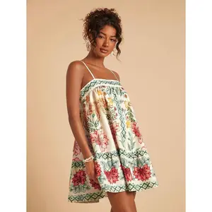 Floral Print Summer Casual Vacation Spaghetti Strap Dress, Vacation Style, Vacation Outfits Woman, Beach Vacation Outfits, Summer Outfits For Women, Summer Dresses For Women, Dresses For Women