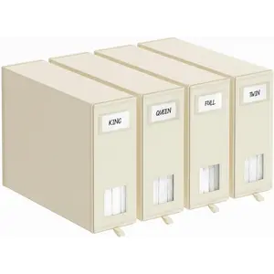 4 Pack Bed Sheet Organizers and Storage Foldable Box for Linen Closet, (Queen & King Size) Bedding Set Containers for Blanket Comforter Pillow Cube with Window and Label, Beige