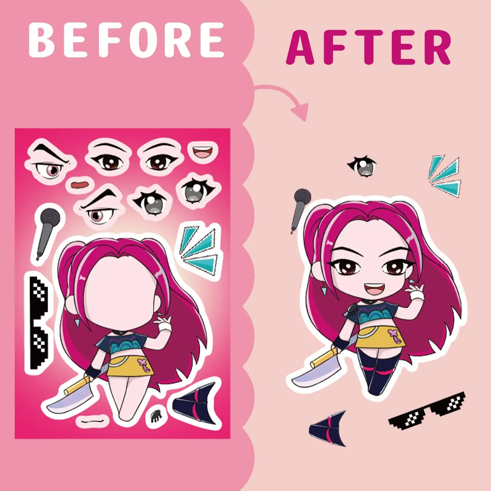 8pcs Cartoon Kpop Girl Group Face Change Stickers, Sticker Set, Creative Decoration for Skateboard Luggage, Fun and Unique Accessories