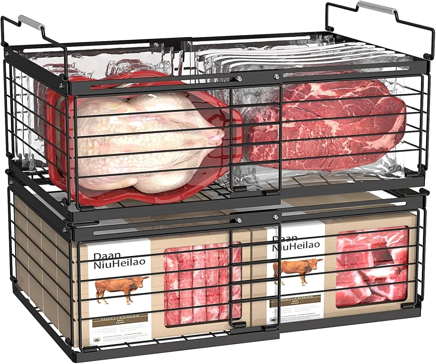 Chest Freezer Wire Mesh Storage Organization Baskets, 2-Pack Adjustable 11-17.3 in Stackable Wire Bins with Foldable Handles, 35lbs Heavy-Duty Capacity, 360° Airflow, Fits 5-20 Cu Ft Chest Freezers