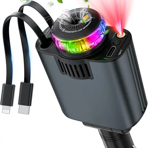 5-in-1 Retractable Aromatherapy Car Charger - 45W Fast-Charging Dual-Port (USB-C Included) 12V DC to 24V DC Auto Interior Accessory with LED Starlight Projector, Essential Oil Diffuser for iPhone 16/15/14/13/12, Car Charger Fast Charging