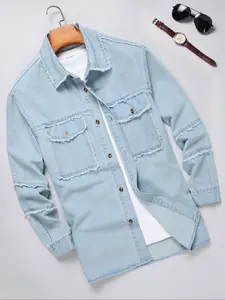 Men's Street Style Denim Shirt, Collared, Light Blue Washed Distressed Hem, Long Sleeve Fitted Casual Top, All Seasons Fashion