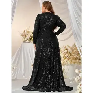 Elegant Plus Size Maroon Sequin V-Neck Gown with Long Sleeves and Thigh-High Slit - Polyester, Hand Washable for Weddings & Formal Events, Sequin Formal Dress Curvy Fabric Womenswear Knit