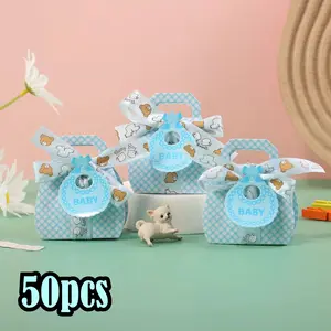 For Baby Showers, Birthdays & Weddings, Gift Packing Complete Solution, Blue Plaid Gift Bags with Ribbons & Bibs, Teddy Bear Pattern Cute Design, Effortlessly Handle Party Gift Packing, 50 Pack