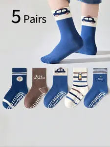 5 Pairs Kids Ankle Socks, Cartoon Car Stripe Letter Design, Non-Slip Sole, Indoor Walking Sports Socks, Unisex, Ages 1-12