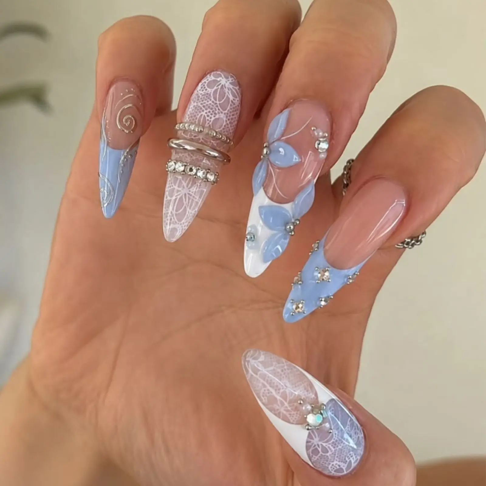Blue Coquette Lace Press On Nails | Y2K 3D Floral French Tip Fake Nails | Elegant Pearl Nails | Luxury Handmade Nails