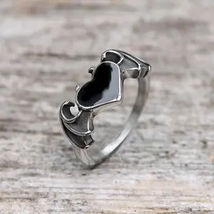GTHIC Bat And Heart Ring Gothic Animal Wings Ring for Men Women Stainless Steel Anniversary Birthday Valentine's Day Gifts