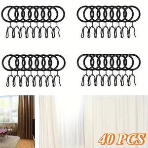 40 pcs curtain rings with hooks, inner diameter 30mm, black, suitable for bathrooms, living rooms, curtains