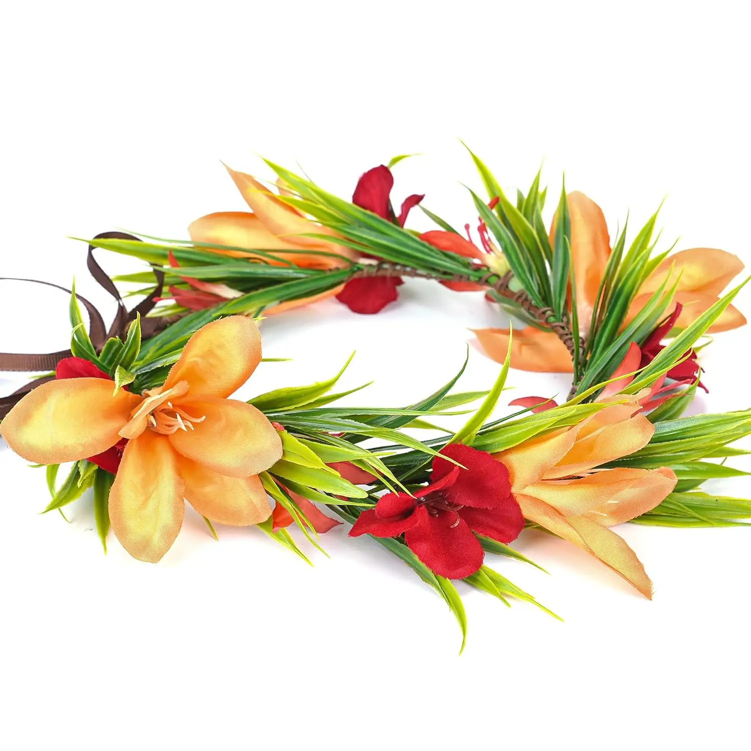 Hawaiian Leis Flower Crown - Tropical Floral Headband Artificial Hawaii Floral Headpiece with Ribbon Lei Luau Dress Up Accessory for Girls Women Summer Beach Pool Party Decorations