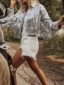 Fashion Elegant Sparkling Silver Color Fringe Jacket Coat, Long Sleeve Vintage Top for Summer Fall Streetwear, Party Festival Concert, Womenswear Outerwear