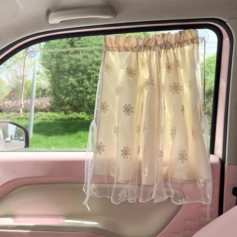 1pc Daisy Double-layer Sunshade, Blackout Curtain, Car Window Curtain, Suction Cup Type Universal Small Fresh Heat Insulation Lace Blocking Curtain, Blackout Sunscreen Sunshade, Car Window Shades, Shade For Car Window