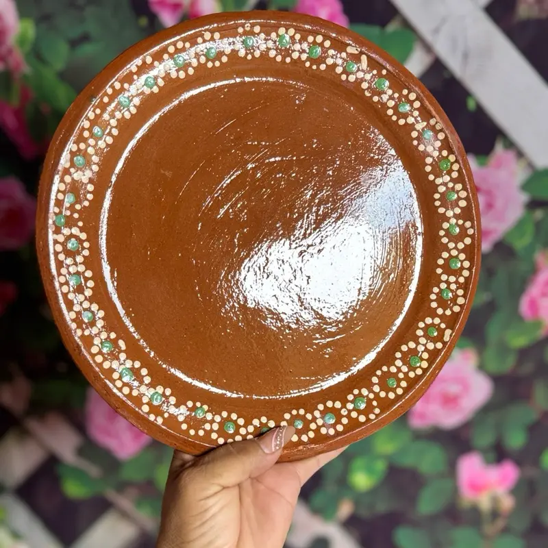 Ceramic Traditional Round Clay Plate Measures 10.5 Inches with Decorative Green and White Patterns