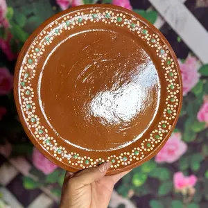 Ceramic Traditional Round Clay Plate Measures 10.5 Inches with Decorative Green and White Patterns