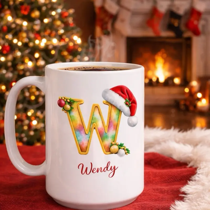 Personalized 15oz Christmas Initial Name Mug Custom Holiday Coffee Cup Gift for Her Friends Clients Premium White Ceramic Festive Design