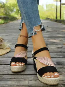 Cross-Border Bestselling Braided Wedge Open-Toe Sandals, Diamond Feather Decoration Thick Sole Flip Flops, Women's Vacation Shoes
