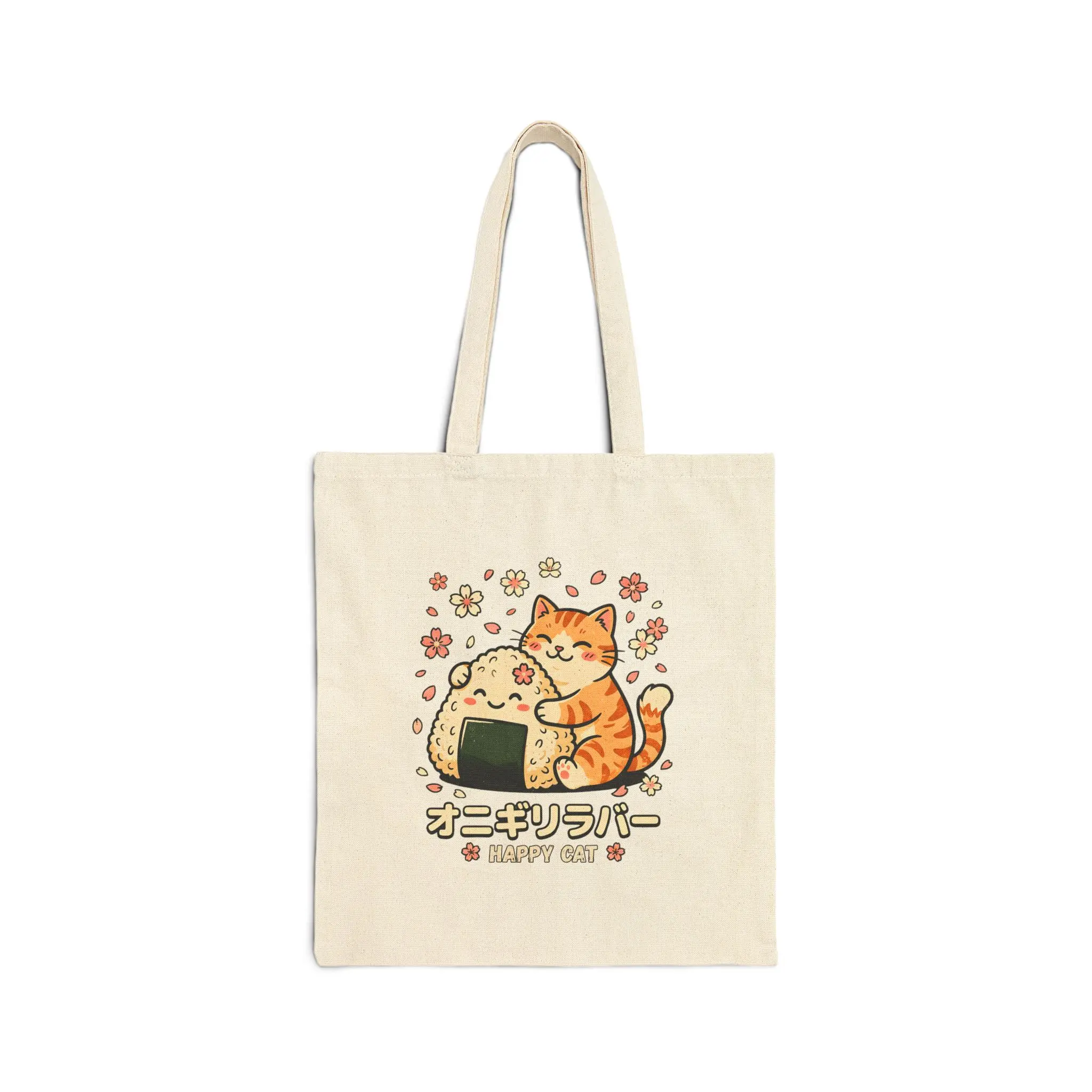 Cat Hugging Onigiri Tote Bag | Kawaii Japanese Rice Ball Illustration